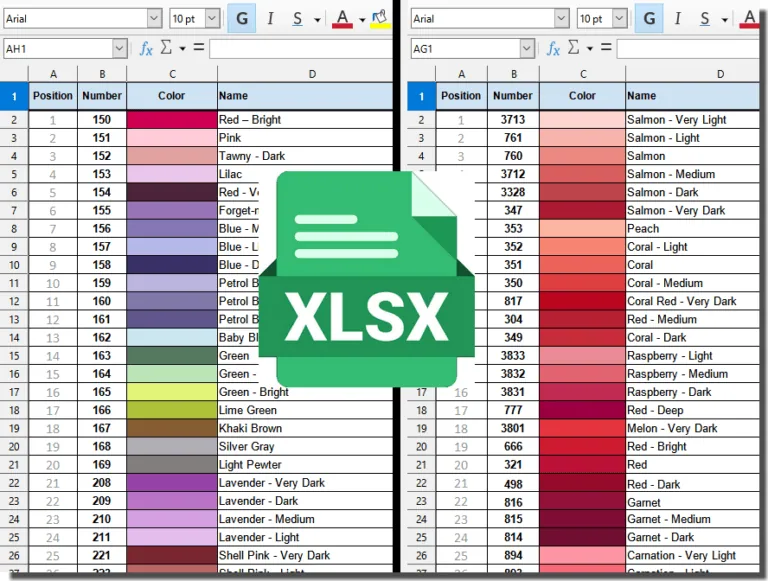 DMC diamond painting color chart (Excel spreadsheet XLSX download)